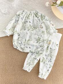 Spring Baby Girl Rabbit Print Romper And Pants Casual Outfit - Green - View 4