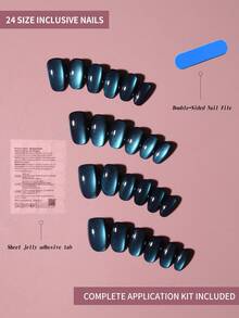24片Y2K短款椭圆形蓝色猫眼水晶美甲贴纸，中号，亚克力猫眼材质，完美贴合亚克力假指甲套装，包含1瓶果冻胶和1把指甲锉，适合女性和女孩日常工作、学习和派对DIY美甲用品 - 寶藍色 - 查看 2