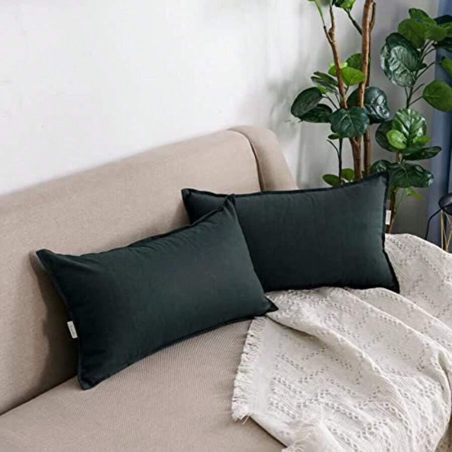 Jeanerlor Funda de cojín Decorativa de Lino de algodón l Verde de 12 x 20 Pulgadas con Doble Aguja Puntada en el Borde Lumbar 30 x 50 cm 2 Piezas Verde Oscuro - Verde Oscuro - Ver 1