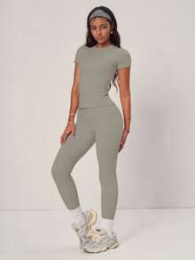 PinkTip Khaki Basic Top And Pants Set, High-Waisted Loose Fit, Essential For Summer Casual And Fitness Sports - Khaki - View 7