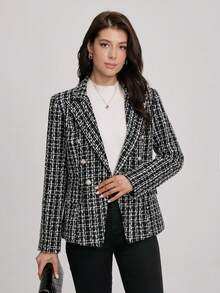 一件双色格纹纽扣西装外套，适合办公室、学校、春秋季穿着。 - 黑與白 - 查看 4