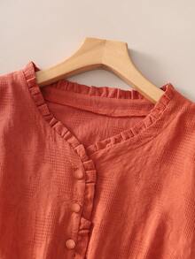 Embroidered Cinched Waist Linen Blend Midi Dress, Washed Jacquard, Slimming, Summer - Burnt Orange - View 5