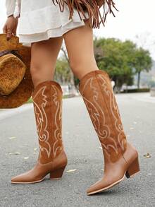 Women's Western Style Pointed Toe Mid-Calf Boots, Embroidered Chunky Heel Cowboy Boots - Brown - View 5