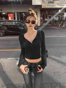 Sexy V-Neck Long Sleeve Fitted T-Shirt, Crop Top Black Spring - Black - View 5