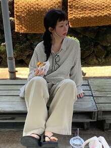 女士格子翻领单排扣休闲百搭通勤长袖衬衫 - 米色 - 查看 5