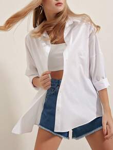 女士休闲黑色长款衬衫，翻领，卷边袖，纽扣前襟，涤纶面料，长款 - 白色 - 查看 7