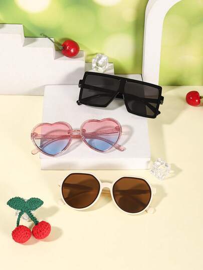 1套3副男女童眼镜，5-10岁，方形、圆形、椭圆形、心形等时尚镜框，适合户外旅行，带眼镜盒