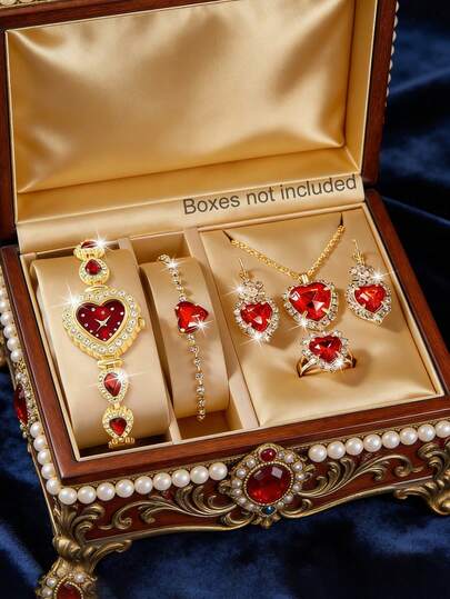 1 Set Women's Watch Set, Includes 1 Elegant Fashion Red Crystal Heart-Shaped Quartz Watch, Paired With Heart-Shaped Pendant Necklace, Earrings, Bracelet And Ring. Suitable For Daily Wear Or Gift To Friends And Family (Gift Box Not Included)