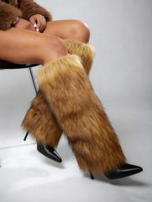 Women's Fluffy Fur Pointed Toe Stiletto Heels Knee High Boots Holiday Vacay Vibe For Elegant Fashionable Boots Spring Summer Party Evening Gala - 棕色 - 查看 4