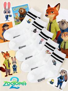 Disney 1/5 双动漫联名款，朱迪、尼克、闪电侠、博戈警长、贝尔韦瑟副市长儿童中筒袜套装，白色双条纹袜，白色袜子，儿童短袜，男童女童，周袜，酷炫卡通图案