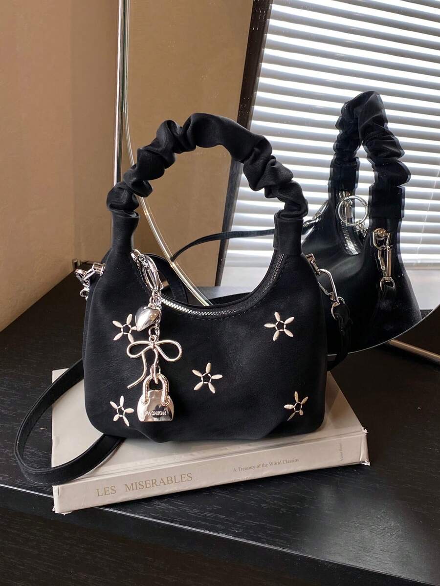 New Design Plush Cloud Bag, Hand-Held Crinkle Shoulder Bag Women's Crescent Crossbody Bag - Black - View 1