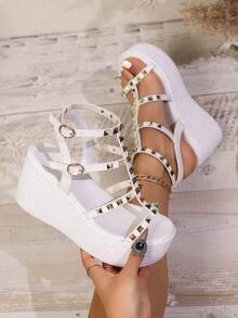 New Summer European And American Rivet Platform Sandals, Thick Sole Wedge Heel Roman Sandals, Fashion Metal Rivet Open Toe Wedge Sandals For Women - White - View 14