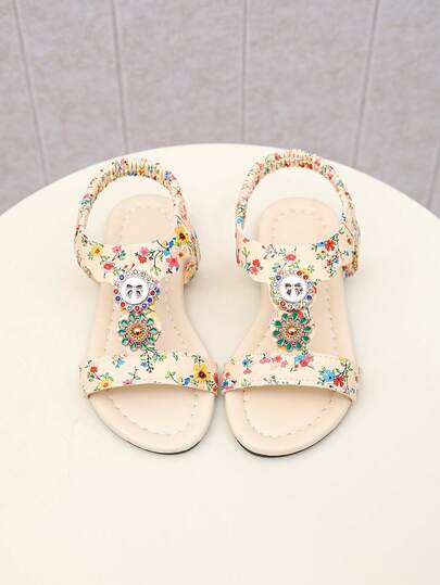 1 Pair Women's Beige Printed Pattern Slip-On Sandals With Shiny PU Material, Round Toe, Non-Slip Soft Sole Flat Sandals, Suitable For Girls Aged 3-15 For Daily, School, Walking, Birthday Party, Travel, Spring/Summer 2026 New Arrival