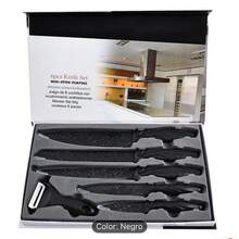 CUCHILLO DE COCINA DE ACERO INOXIDABLE, JUEGO DE CUCHILLOS DE COCINA DE 6PZS, CUCHILLO DE CHEF, CUCHILLO DE PAN, CUCHILLO DE FRUTA, CUCHILLO CON REVESTIMIENTO ANTIADHERENTE - Negro - Ver 2