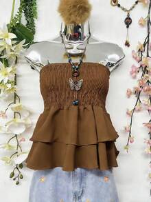 T110 Cropped Blouse With Elastic And Ruffle - Brown - View 4