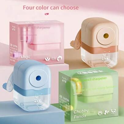 5档可调节手动削笔器 - 5，卡通图案设计。削尖设置从细到粗，适合儿童、学生、家庭和办公室使用，无需电池，是生日或开学礼物的完美之选。