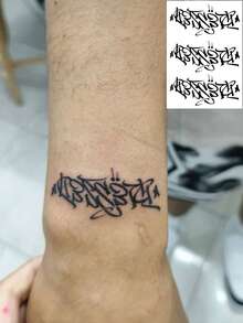 1张持久7-14天的草本临时纹身贴纸，哥特风格抽象英文文字手部纹身贴纸，防水个性化酷炫男士纹身贴纸 - 黑色 - 查看 6