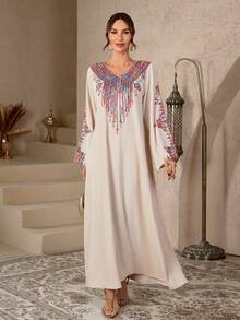 一件装女士穆斯林亮片刺绣长袍罩袍连衣裙，端庄阿拉伯长袍 - 杏色 - 查看 4