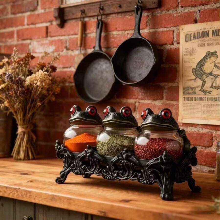 3pcs-1set, Witch Frog Apothecary Spice Jar With Gothic Style Base Handmade Vintage Classic Apothecary Jar With Frog Lid Kitchen Gothic Style Food Storage Container Unique Home Decoration For Spices, Herbs, Salts - Màu xanh lá cây đậm - Xem 1