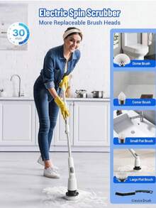 Electric Spin Scrubber, IPX7 Waterproof Cordless Cleaning Brush With 4 Replaceable Brush Heads, Adjustable Extension Handle And 3 Adjustable Speeds For Bathroom, Tub, Tile, Floor (White) Visit The Kimeetol Store - trắng - Xem 2