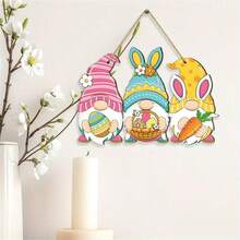 1pc 2D Flat Wooden Easter Hanging Sign, Farmhouse Rabbit & Gnome Welcome Plaque, Front Door Decor - A - View 1