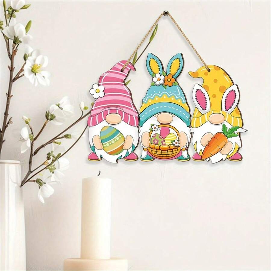 1pc 2D Flat Wooden Easter Hanging Sign, Farmhouse Rabbit & Gnome Welcome Plaque, Front Door Decor - A - View 1