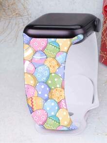 Printed Silicone Watch Band, Suitable For Apple Watch Bands 38mm, 40mm, 41mm, 42mm, 44mm, 45mm, 49mm, Compatible With Apple Watch SE, Series 9, 8, 7, 6, 5, 4, 3, 2, 1, Unisex, Non-Fading Silicone, Cute Easter Pattern - Watermelon Pink - View 1