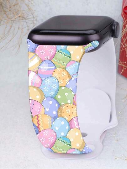 Printed Silicone Watch Band, Suitable For Apple Watch Bands 38mm, 40mm, 41mm, 42mm, 44mm, 45mm, 49mm, Compatible With Apple Watch SE, Series 9, 8, 7, 6, 5, 4, 3, 2, 1, Unisex, Non-Fading Silicone, Cute Easter Pattern
