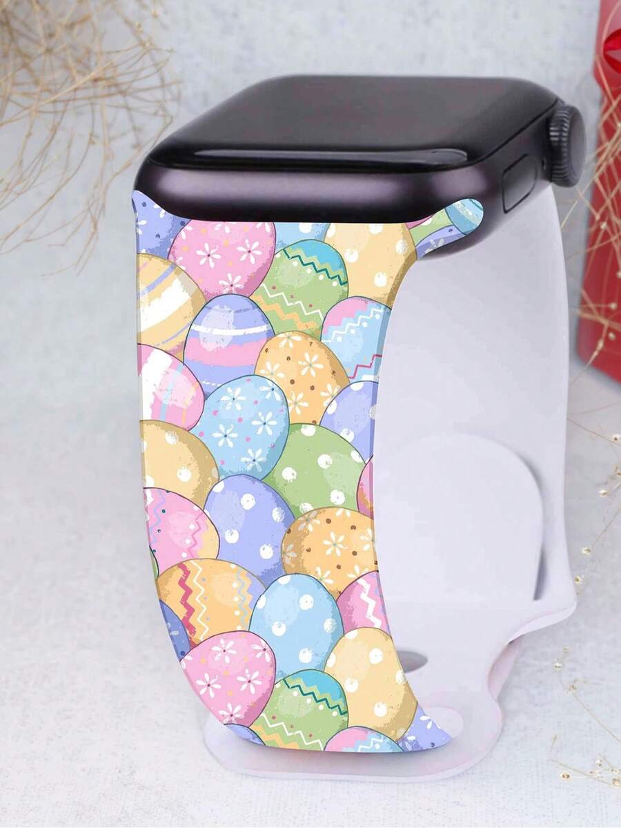 Printed Silicone Watch Band, Suitable For Apple Watch Bands 38mm, 40mm, 41mm, 42mm, 44mm, 45mm, 49mm, Compatible With Apple Watch SE, Series 9, 8, 7, 6, 5, 4, 3, 2, 1, Unisex, Non-Fading Silicone, Cute Easter Pattern - Watermelon Pink - View 1