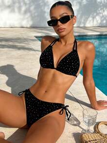 新款女士泳装泳衣沙滩套装泳装泳裙泳装女士夏季沙滩节日度假旅行性感奢华简约经典现代优雅精致两件套女士比基尼套装黑色 - 黑色 - 查看 5