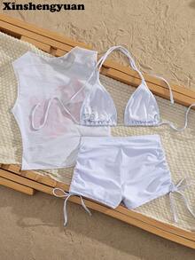 新盛源3件套欧美时尚新年/情人节泳装，可拆卸胸垫，可爱休闲露背吊带比基尼套装，芙蓉花印花，薄纱上衣，奢华性感优雅显瘦，适合海边沙滩派对，侧边抽绳褶皱三角裤，时尚泳装。夏季假期 - 彩色 - 查看 2