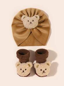 2件装 1-6个月婴儿加厚卡通熊毛绒针织帽和袜子套装，新生儿可爱保暖抓绒帽袜套装，秋冬季 - 彩色 - 查看 15