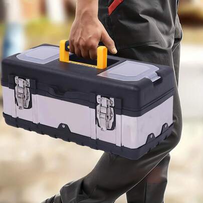 Large Capacity Tool Storage Box With Top Screw Compartments – Removable Inner Tray, Durable Metal & Plastic Construction, Ideal For Wrenches, Screwdrivers & Auto Repair Tools