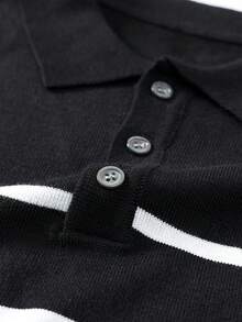 1pc Men's Striped Polo Shirt, Cardigan Top With Collar And Buttons, Short Sleeve Sweater - Black and White - View 5