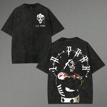 LA PARK – Camiseta gráfica Skeleton King Lucha Libre – Negro lavado – Fuente gótica – Estilo vintage – Unisex – Manga corta – Todas las estaciones – Edición de coleccionista - Negro - Ver 2