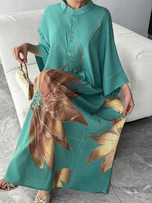 1 chiếc váy Abaya Ả Rập dáng rộng dành cho nữ, họa tiết in màu xanh lá cây, cổ đứng, cài khuy đơn, tay raglan, dài đến mắt cá chân, váy mặc thường ngày, áo choàng Ả Rập thanh lịch, váy dạ hội sang trọng cho kỳ nghỉ, trang phục Ả Rập. - màu xanh lá - Xem 1