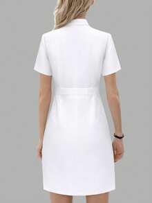 cimmuovere Women's Stand Collar Contrast Color 2 In 1 Short Sleeve Scrubs Dress, Nurse Uniform, Workwear For Dentist, Healthcare, Pet Hospital, Laboratory - White - View 6