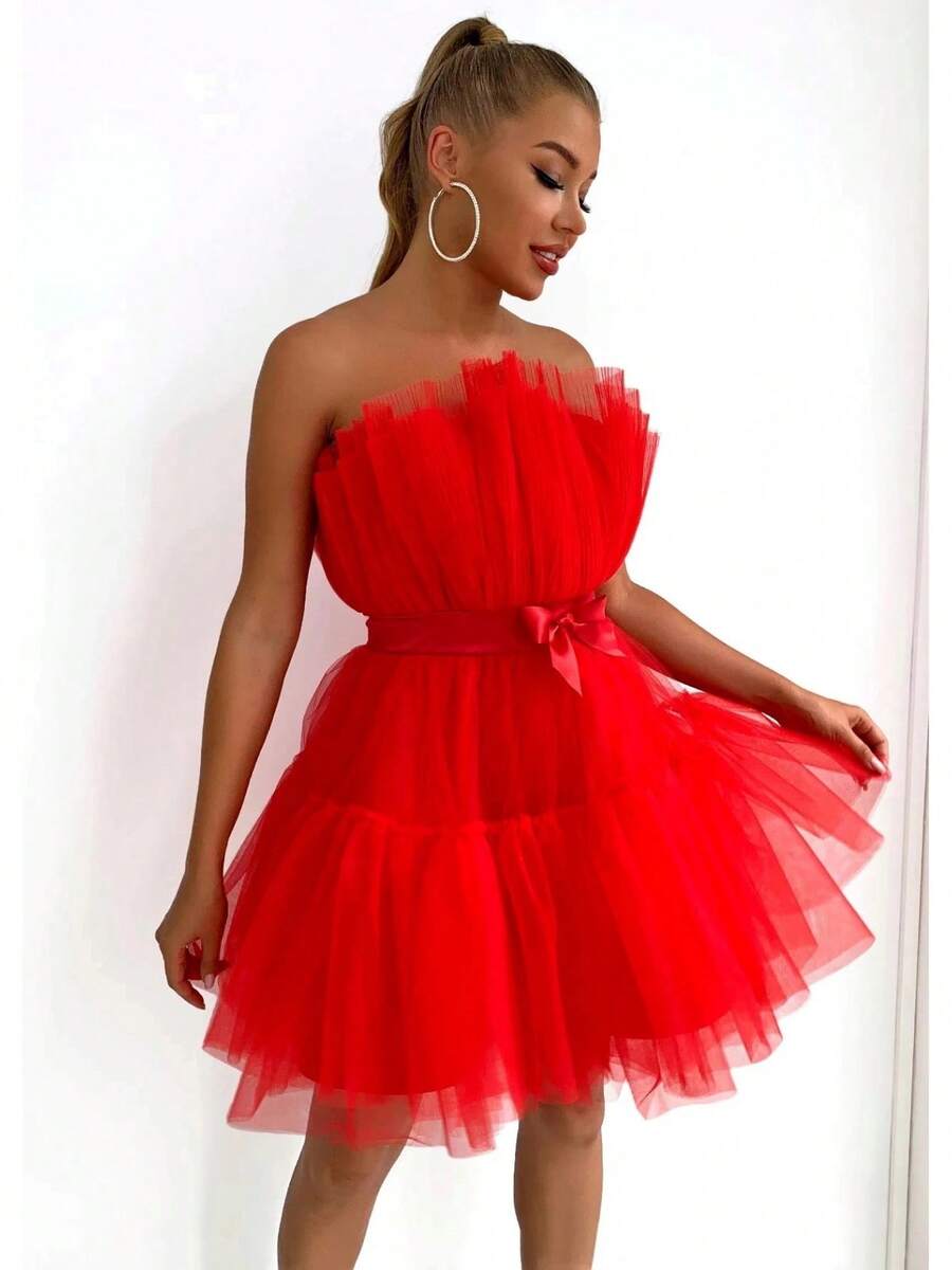 2026 Wish Strapless Mesh Elegant Bow Puffy Dress - Red - View 1