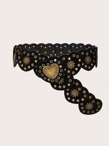 1pc Plus Size Women's Bohemian Style Solid Color Vintage Velvet Patchwork Belt, Black & Coffee Patchwork Belt, Oval & Heart Shaped Chunky Belt, Suitable Dresses, Coats, Sweaters, Pants, Parties, Gatherings, Dates, Campus, Music Festivals, Winter,, Essential Plus Size Ladies - A - Xem 8