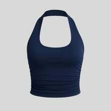 Kit 2 Women's Halter Neck Top With Bare Back, Ruched Sides And Bust Lining - Immediate Shipping (4) - 1 BLACK PIECE + 1 BLUE PIECE - View 4