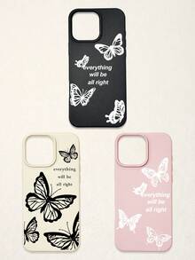 3pcs Butterfly Pattern Phone Cases, Motivational Slogan Positive Energy Phone Cases, Faux Leather Texture Black White Pink Shockproof Protective Covers, Compatible With IPhone & - Multicolor - View 34