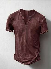 Mens Distressed Henley Shirts Short Sleeve Button T-Shirt Slim Fit Cotton Casual Shirt - Burgundy - View 2