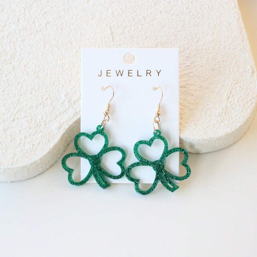 1 paire de boucles d'oreilles goutte vintage mignonnes vertes avec trèfle et paillettes creuses, cadeau de fête de la Saint-Patrick - Y1206 - Voir 1