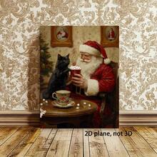 1pc Framed Canvas Wall Art, Vintage Framed Canvas Art - Santa Claus With Hot Chocolate & Black Cat, Inspirational Wall Decor For Home, Perfect Holiday Gift For Family & Friends, Festive Christmas Decoration, Christmas Decorations, Perfect For Thanksgiving Ready To Hang - Framed - View 2
