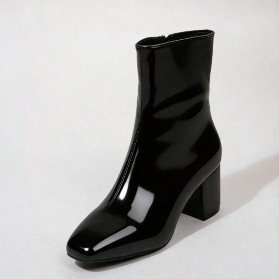 Women's High Heel Ankle Boots, Square Toe Chunky Heel Short Boots, Winter New Nude Booties - 黑色 - 查看 1