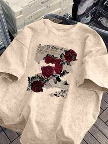 New American-Style 100% Cotton T-Shirt Suitable For Both Men And Women. Featuring Fun Retro Rose And Newspaper Cartoon Letter Pattern Prints. This Street-Style Korean-Style Comfortable Retro Fashion Commuting Versatile Y2k Clothing. Regular Small-Scale Punk-Style Fitted Black Round-Neck Short-Sleeved Washed T-Shirt From The Washed-Out Retro Series. Comfortable Pure Cotton T-Shirt From The Washed-Out Retro Series, Easily Creating Retro Casual Clothing. Suitable For Daily Commuting, Casual Outings, Music Festivals, And Daily Wear. Classic Retro Style. Men's Printed T-Shirt, Women's Printed T-Shirt. - 杏色 - 查看 5