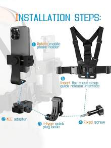 Kit de suporte de telemóvel com correia de peito ajustável, suporte de peito versátil para telemóvel para gravação POV/Vlog, pesca, ciclismo, suporte de câmara corporal, arnês de transmissão ao vivo ao ar livre, compatível com iPhone etc., acessórios para telemóvel, equipamento de filmagem - Preto - Ver 3