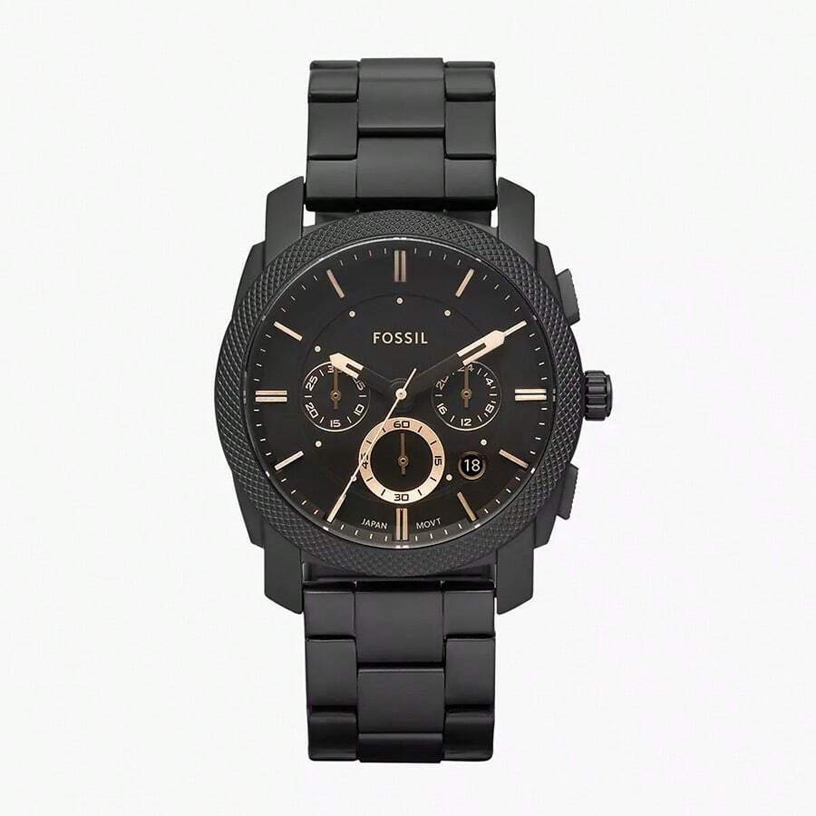 Fossil 男士石英不锈钢三针腕表，不锈钢表壳，防刮玻璃 FS4682 - 黑色 - 查看 1