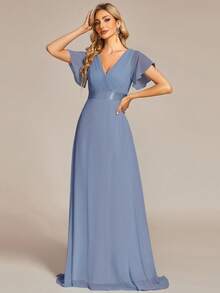 EVERPRETTY Elegant Solid Color Butterfly Sleeve Cinched Waist Chiffon Blue Bridesmaid Dress, Suitable For Weddings, Parties, Anniversaries And Other Formal Occasions In Spring And Summer - Dusty Blue - View 3