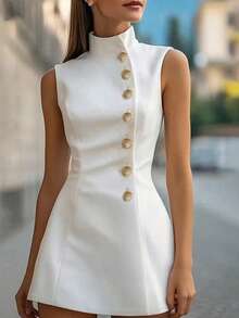 女士舒适休闲优雅无袖连衣裙 - 白色 - 查看 2